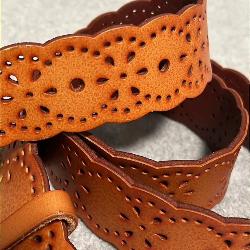 Boho Leather Tooled Belt Silver Tone Metal Buckle Western Festival